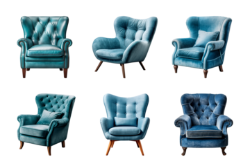 Comfortable blue armchair collection isolated on a transparent background. Interior element