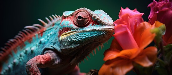 Obraz premium Stunning macro shot of a flower hugged chameleon