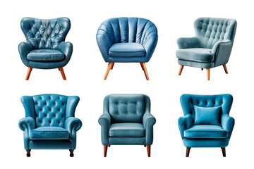 Comfortable blue armchair collection isolated on a transparent background. Interior element