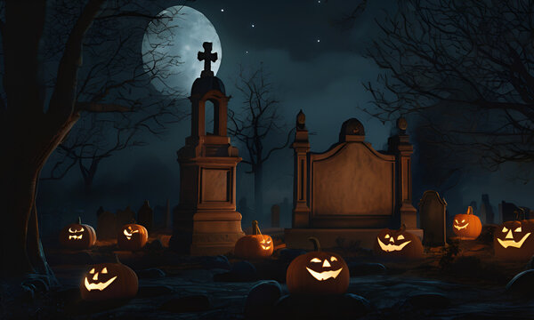 A bewitching Halloween tableau unfolds, with a pumpkin head jack lantern, an ominous forest under the full moon, and pumpkin sall evoking the essence of the haunted season. ai generated