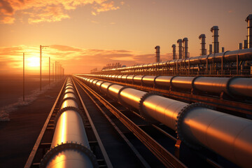 Sunset over a network of pipelines for natural gas distribution - obrazy, fototapety, plakaty