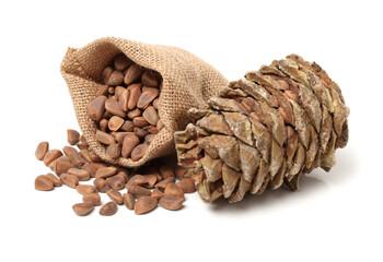  Pine nuts with branches and cones isolated on white