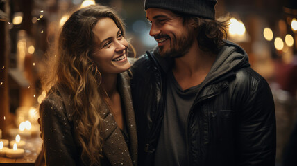 A young couple in love is standing at an evening Christmas market.