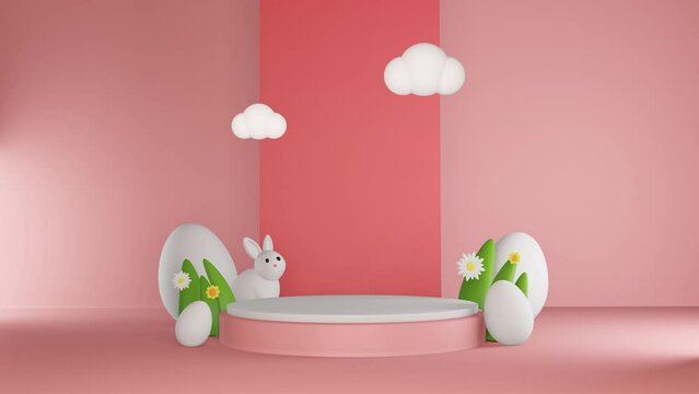 Easter eggs day sale luxury red podium with heart and gift box pink background 3d illustration empty display scene