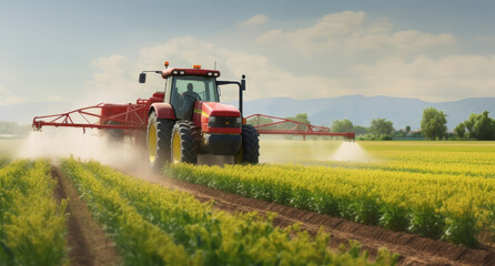 Fototapeta premium spraying pesticide with tractor at agriculture field