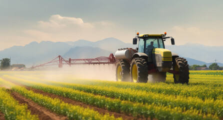 Fototapeta premium spraying pesticide with tractor at agriculture field