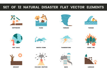 Set of 12 natural disaster flat vector elements. Vector illustrations with natural disaster theme and flat vector style. Editable vector.