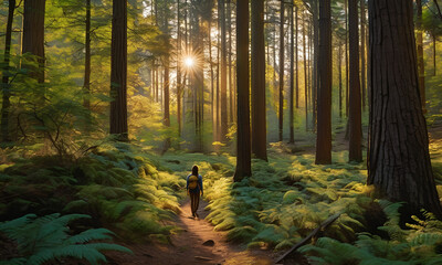 A serene moment in the forest as a hiker takes in the beauty of a sun-dappled clearing. Connecting...