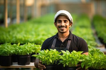 Young indian male gardner holding plant in hand, smiling.