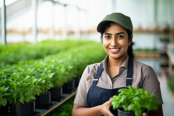 Young indian female gardner holding plant in hand, smiling.