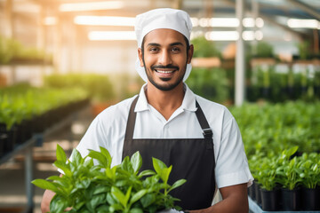Young indian male gardner holding plant in hand, smiling.