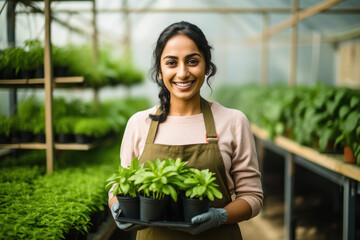 Young indian female gardner holding plant in hand, smiling.