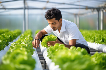 Young male gardener or agronomist checking plant at greenhouse or farmhouse. - obrazy, fototapety, plakaty