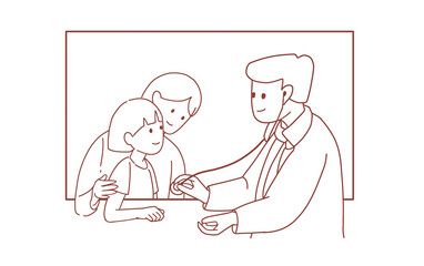 Line art illustration of mom and kid at doctor appointment 
