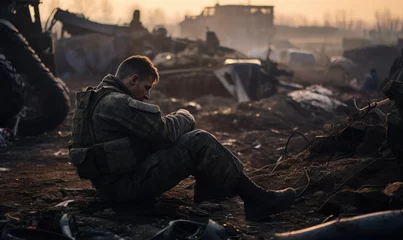 Fototapeten Photo of a soldier sitting amidst destruction in a war-torn landscape © uhdenis