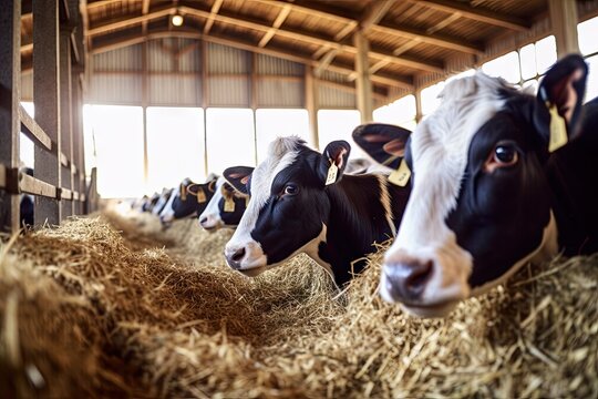 Modern dairy farming. Cattle herd in rustic barn setting. Livestock husbandry. Domestic cattle grazing in rural pasture. Countryside ranch life. Holstein cows in modern