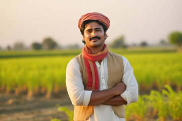 Indian farmer standing at agriculture field. - obrazy, fototapety, plakaty