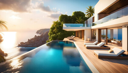 luxury modern designer villa with pool, ocean view, photorealistic travel poster, - obrazy, fototapety, plakaty
