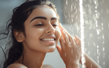 Naklejka premium Young indian woman washing her face