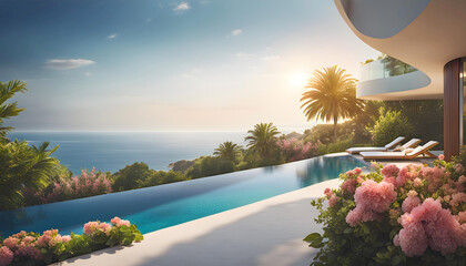 Obraz na płótnie Canvas luxury modern designer villa with pool, ocean view, photorealistic travel poster,