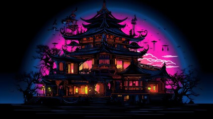 nature and traditional culture of indonesian house  at night neon illustration