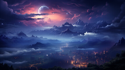 Milky Way above mountains in fog at night in autumn. Landscape with purple starry sky. generative ai