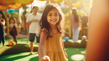Cute little girl playing mini golf at park - obrazy, fototapety, plakaty