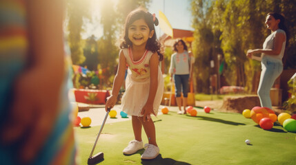 Cute little girl playing mini golf at park - obrazy, fototapety, plakaty