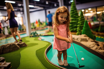 Cute little girl playing mini golf at park - Powered by Adobe