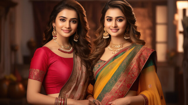 Two indian woman in traditional saree standing together