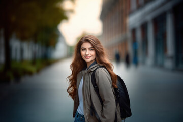 Fototapeta premium young woman holding backpack and looking.