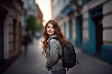 Fototapeta premium young woman holding backpack and looking.