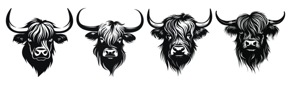 Set of Highland Cow Head Black Color Vector Illustration