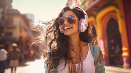 Young indian woman using headphone - obrazy, fototapety, plakaty