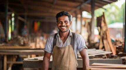 Young indian carpenter smiling at his workplace