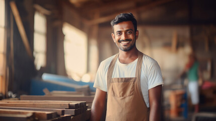 Young indian carpenter smiling at his workplace