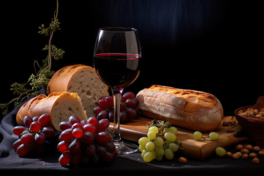 grapes, bread, wine and glass of wine isolated on dark background