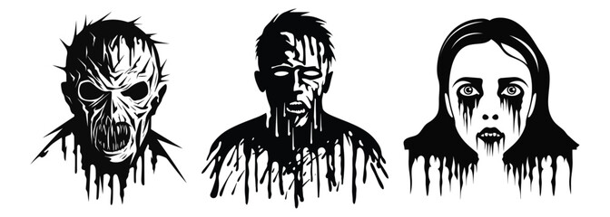 Sey of Scary Zombie Faces Black Color Vector Illustration
