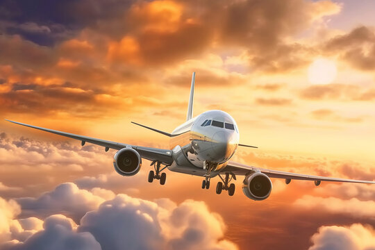 Jet soars through dramatic sunset sky."