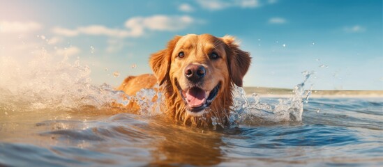 Dog swimming by the beach enjoying summer in natures embrace - obrazy, fototapety, plakaty
