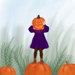 Girl in halloween costume. Little witch with a pumpkin vector illustration