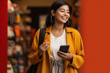 Young indian woman holding smartphone in hand, smiling - Powered by Adobe