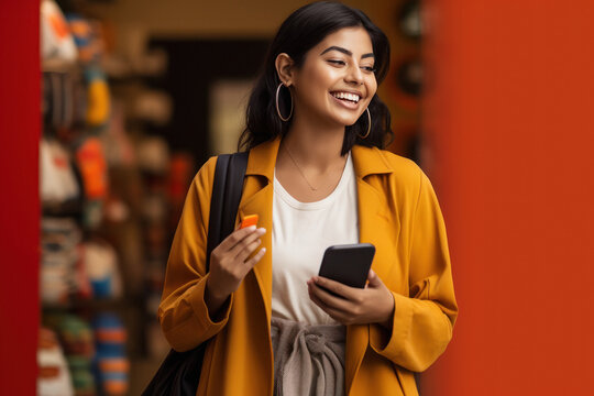 Young indian woman holding smartphone in hand, smiling