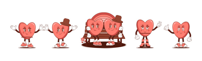 Set of stickers Groovy lovely cartoon face characters Heart. Retro Happy Valentines Day. Trendy retro 60s 70s style. Red, pink colors. Vector