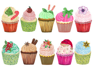 Seamless pattern with Christmas botanical plants, flowers nature and toy doll cute. Textile or wallpaper print