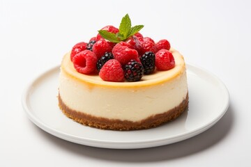 Photo of a classic New York style cheesecake on a pristine white backdrop. Generative AI
