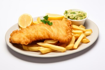 Photo of a classic British fish and chips dish against a white background. Generative AI