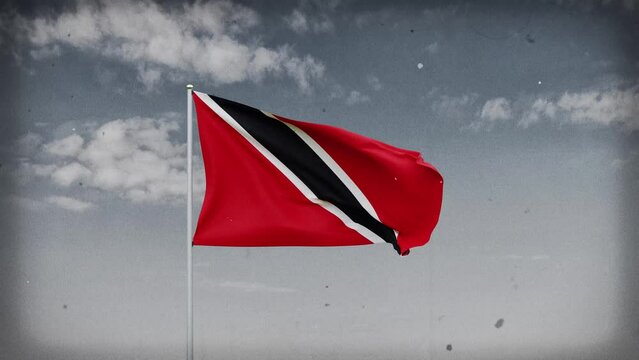 Trinidad and Tobago flag waving on sky background with vignette, vintage color film and retro effect. 3d rendering, Digital animation video footage. High quality 4K resolution.