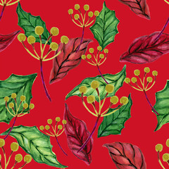 Seamless pattern with Christmas botanical plants, flowers nature and toy doll cute