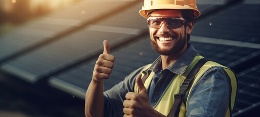 A happy worker is giving thumbs up for using solar panels and smiling at the camera. - obrazy, fototapety, plakaty